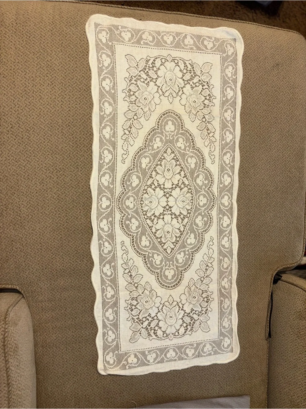 Crochet Lace Tablecloth Accent - Cream and Taupe Floral Pattern vintage